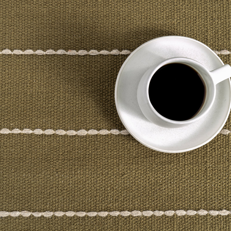 Handmade Olive Green Wool and Cotton Striped Rectangular Rug