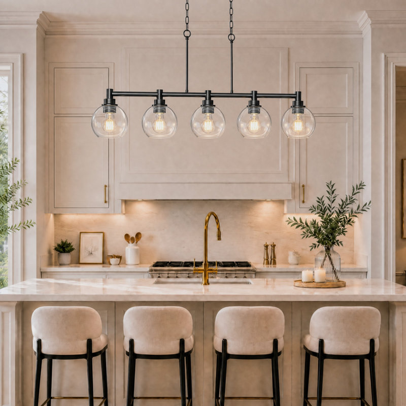 Luminaire suspendu pour îlot de cuisine 5 lumières à intensité variable avec abat-jour en verre transparent et hauteur réglable