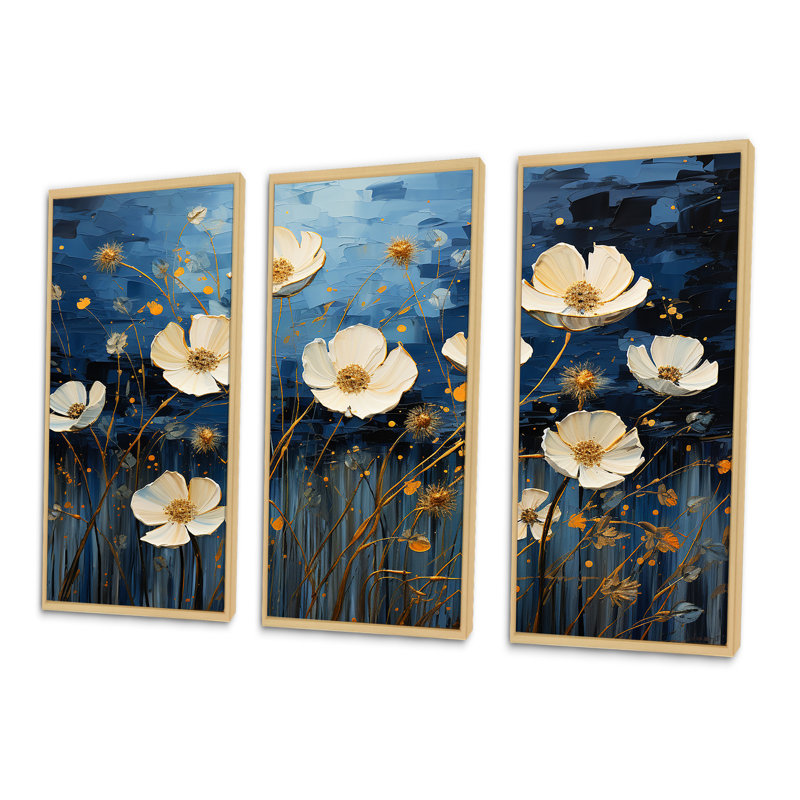 «Midnight Indigo Buttercups - Buttercups», ensemble d'art sur toile, Cadre naturel flottant, H 32 po x l 48 po x P 1 po