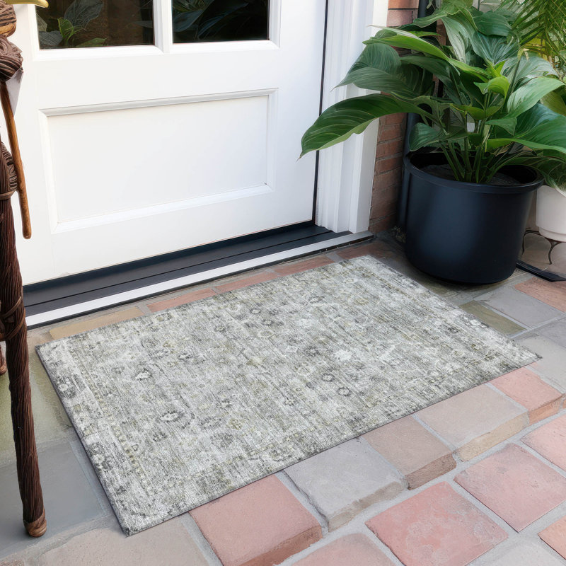 Machine Washable Indoor/Outdoor Xhevrie Pewter Rug, Rectangle 1'8" x 2'6"