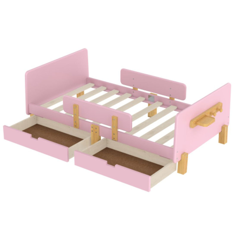 Bellemave Twin Size Platform Bed With Storage Drawers, Solid Wood Platform Bed Frame With Guardrail, Shelf And Hooks, No Box Spring Needed  ,pink