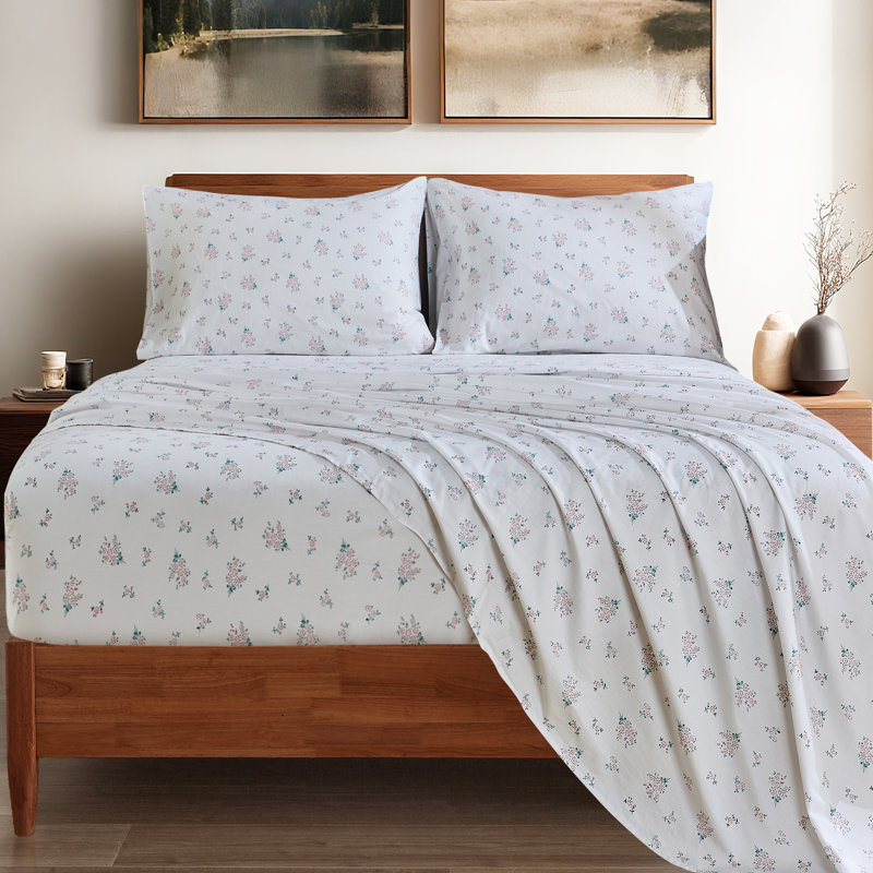 100% Cotton Floral Bed Sheets Sheet Set, King Sheet Set with 2 Pillowcases, Pink Floral 1