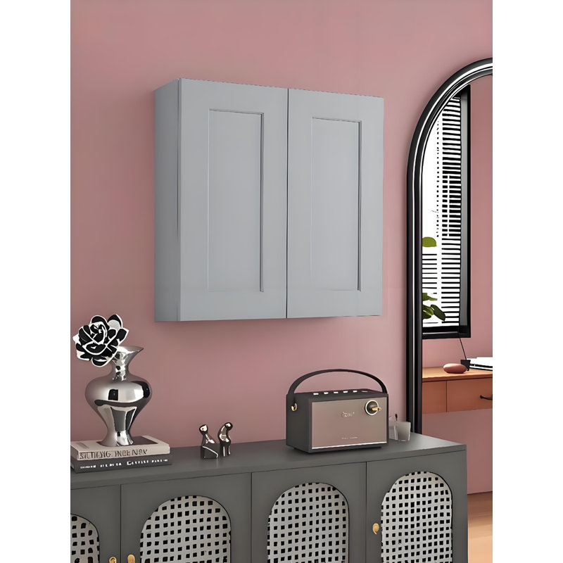 Light Grey Solid Wood Wall Cabinet with 2 Doors, 2 Adjustable Shelves for Kitchen, Bathroom, and Laundry Storage, Grey