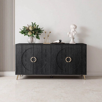 Modern Distressed Black 4-Door Wooden Sideboard Buffet Cabinet with Adjustable Shelves Lacquered Storage Cabinet for Living Room Dining Room Kitchen Office Entryway Hallway