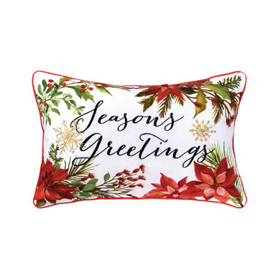 Seasons Greetings Poinsettia Printed and Embroidered Throw Pillow
