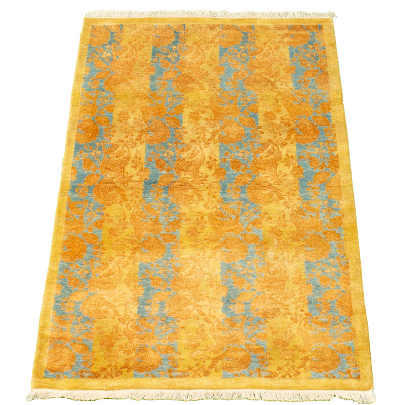 Tapis décoratif en laine noué à la main de conception unique noué à la main New Age de style persan 18/20 jaune/bleu 3 pi 2 po x 5 pi 2 po