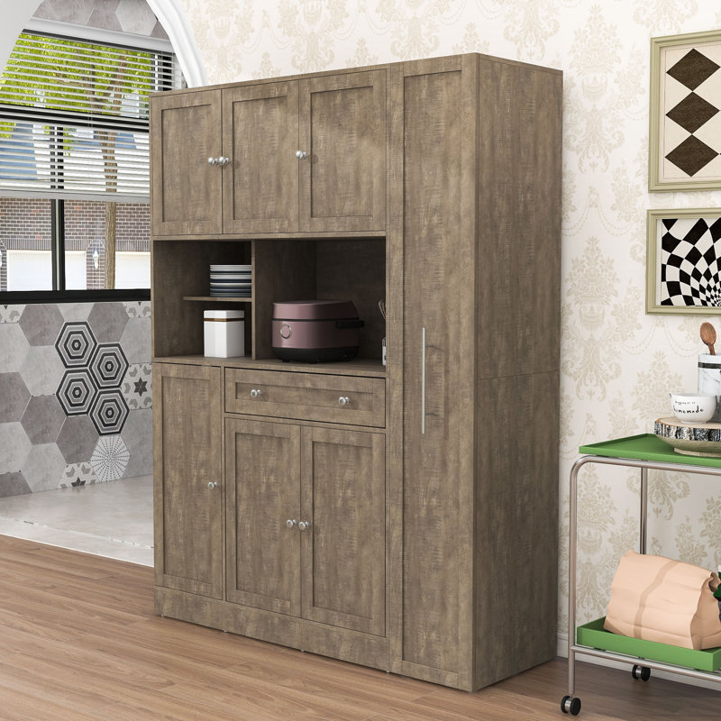 Buffet de cuisine avec huche, tablettes réglables et armoire latérale escamotable, Brun