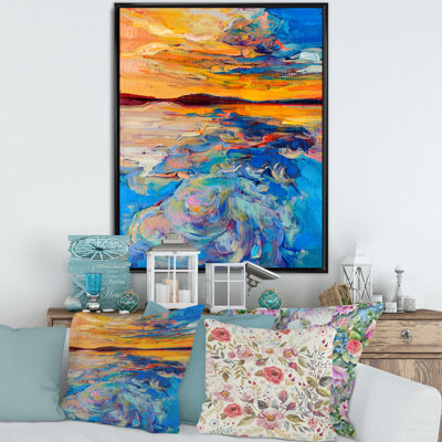 «Orange Sunset over Whirly Blue Waves», peinture sur toile