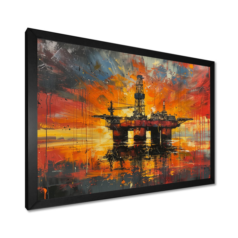 «Orange Orange Oil Rig Ocean Drill» - Art mural, Toile encadrée noire simple, H 12 po x l 20 po x P 1 po