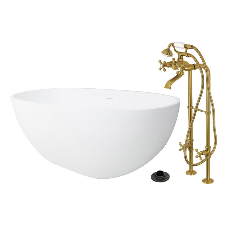 Kingston Arcticstone 65-Inch Solid Surface Oval Double Ended Freestanding Tub With Faucet Combo And Drain, Brushed Brass