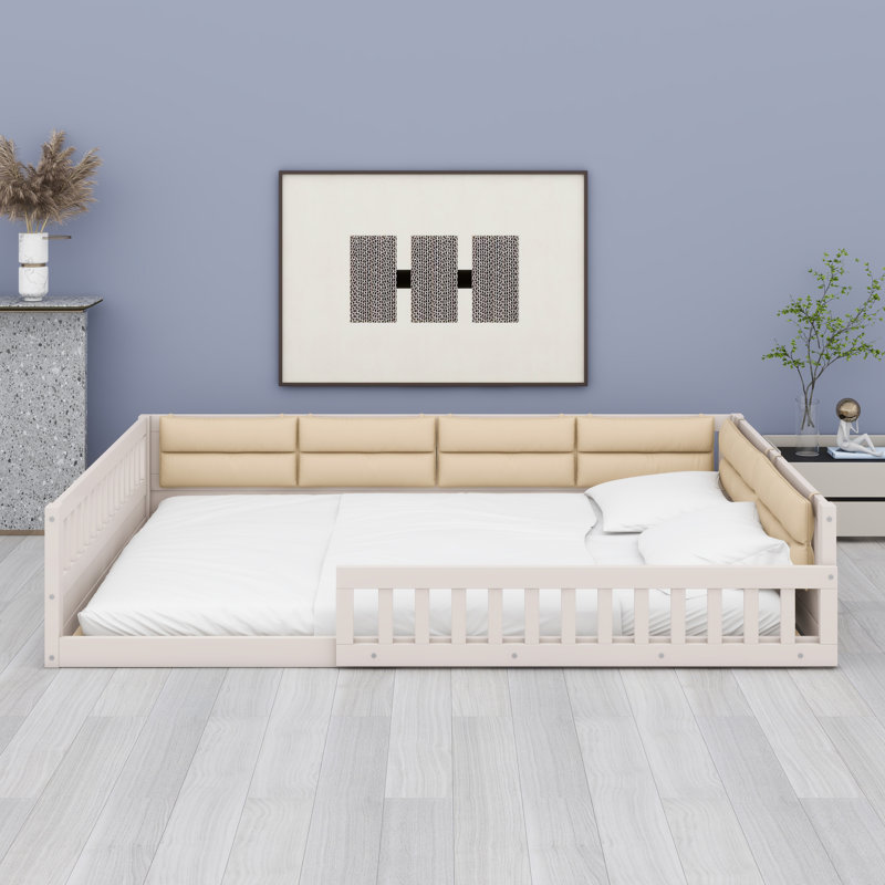 Upholstered Platform Bed Frame with Safety Guardrail, Beige