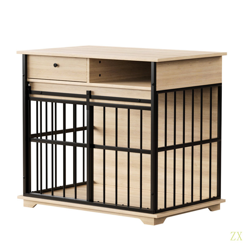 Meubles pour cage de chien, meubles pour grande cage avec plateau pour chiens de taille moyenne, chenil en bois, Naturel