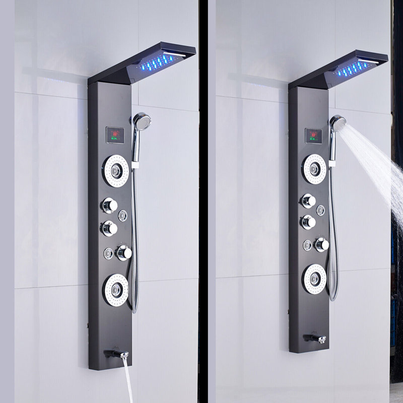 Panneau de douche à DEL 44 po avec pomme de douche réglable, Noir mat
