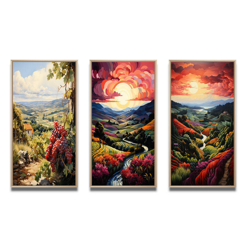 «Vineyard Twilight Bliss», 3 pièces sur toile, Encadré naturel, H 40 po x l 60 po