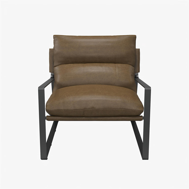 Fauteuil suspendu moderne en similicuir avec cadre en métal et base en métal noir mat avec roulettes pour un déplacement facile.