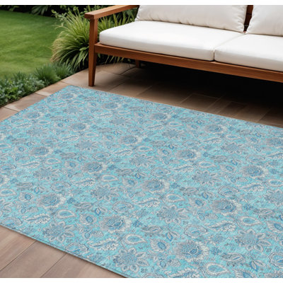 Tapis extérieur lavable floral bleu turquoise et argent 5 pi x 8 pi