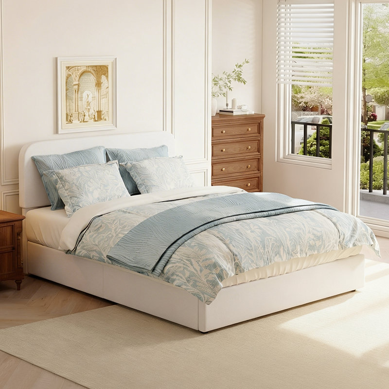 Thickened Wide Stable Support Bed Frame with Slatted Design and Storage Drawers, Beige, Full