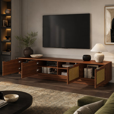 Meuble télé moderne en rotin pour téléviseurs jusqu'à 85 pouces, avec portes avant en rotin naturel, 2 compartiments dissimulés, charnières à fermeture douce, gestion des câbles, meuble télé sur pied en MDF, capacité de 70 kg