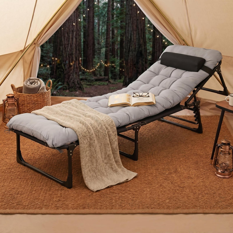 Lit de camp pliable pour adultes avec matelas, lit de camp pliant robuste avec oreiller réglable à 5 angles pour le soutien de bureau de randonnée 400 lb, gris