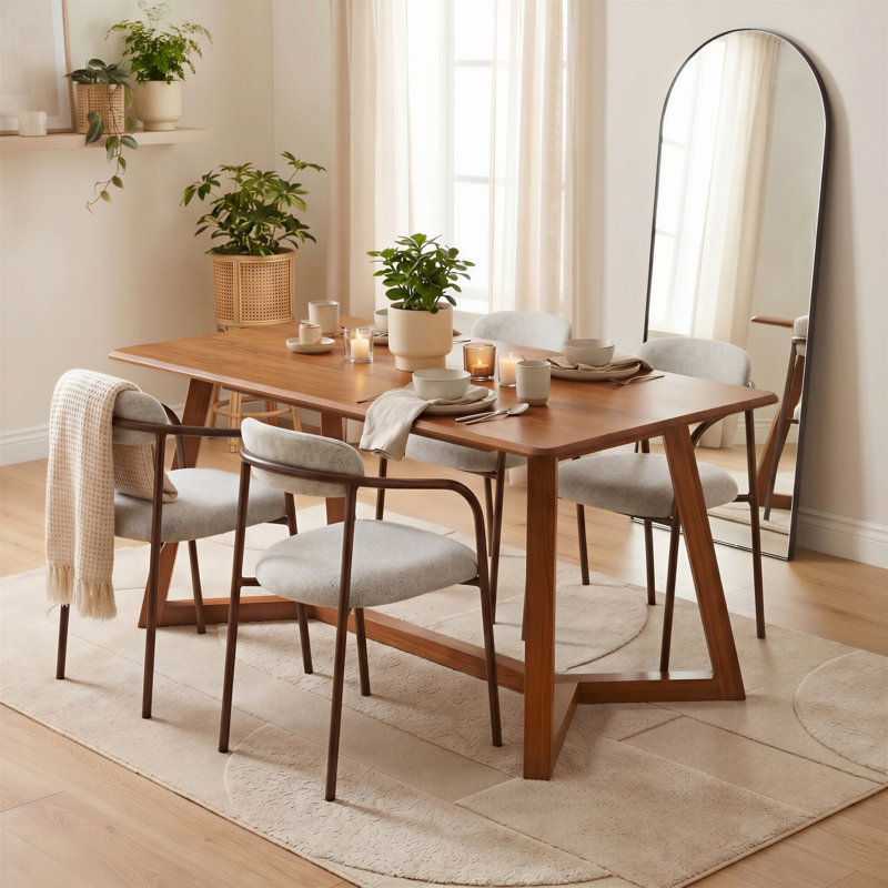 Lullyworth Rectangular Rubberwood Dining Table & Upholstered Rea Chairs - Scandi-Inspired Style, Walnut, Table, 4 Chairs