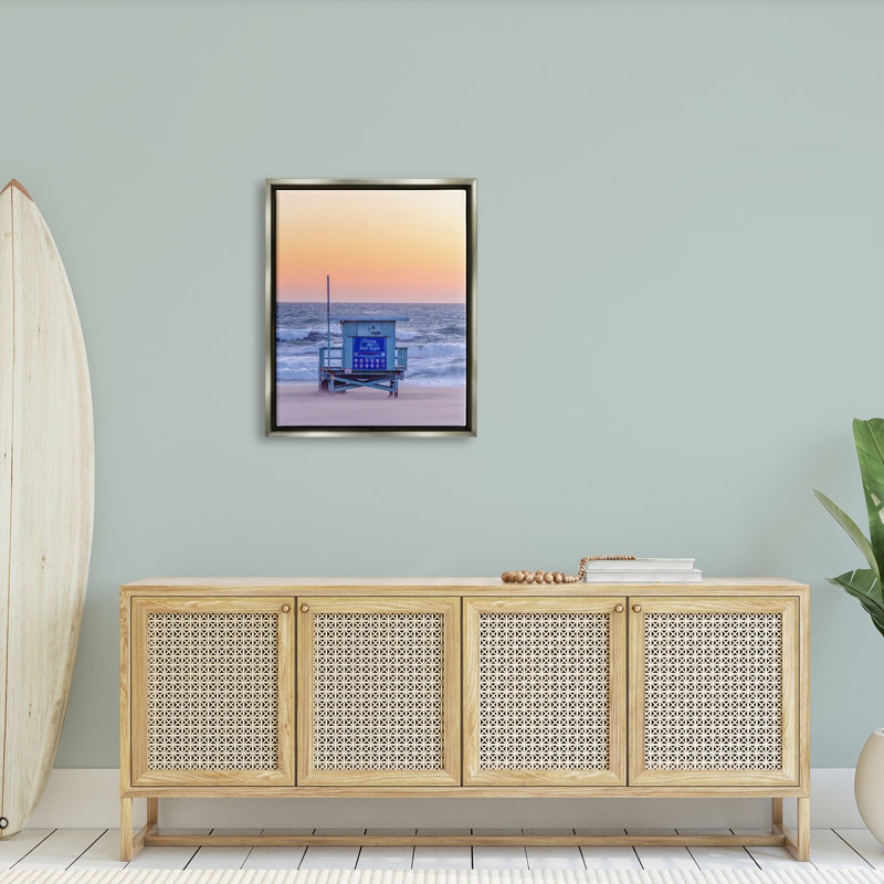 Tranquil Orange Sunset Beach Hut Ocean Shore Framed Canvas Print