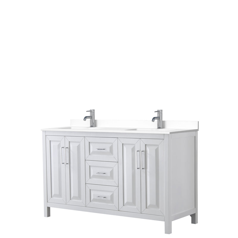 Ensemble de meuble-lavabo double 60 po Daria, Blanc, Marbre de culture blanc, Chrome poli