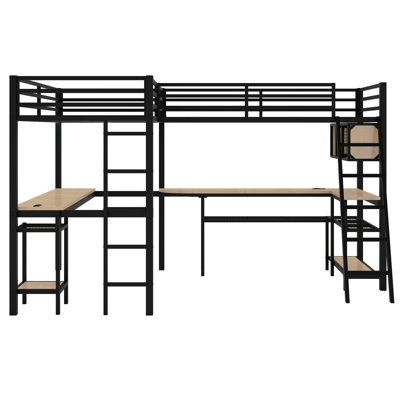 Lit mezzanine en L avec tablettes de rangement et 2 bureaux intégrés