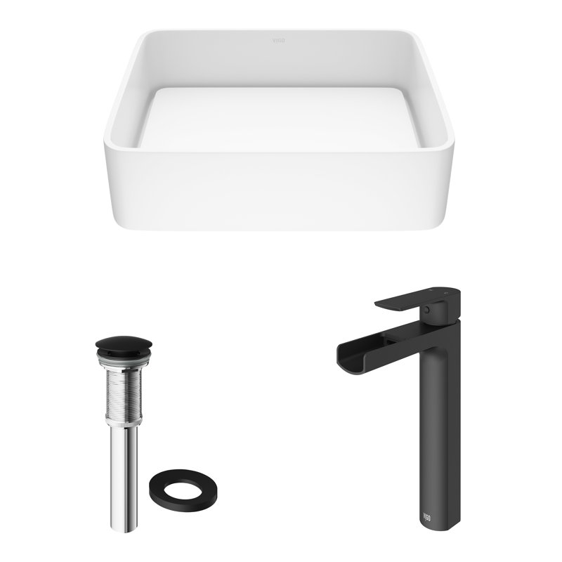 Lavabo de salle de bain rectangulaire en pierre blanche matte avec robinet H 10 po L 18 po x l 15 po x H 5 po Jasmine