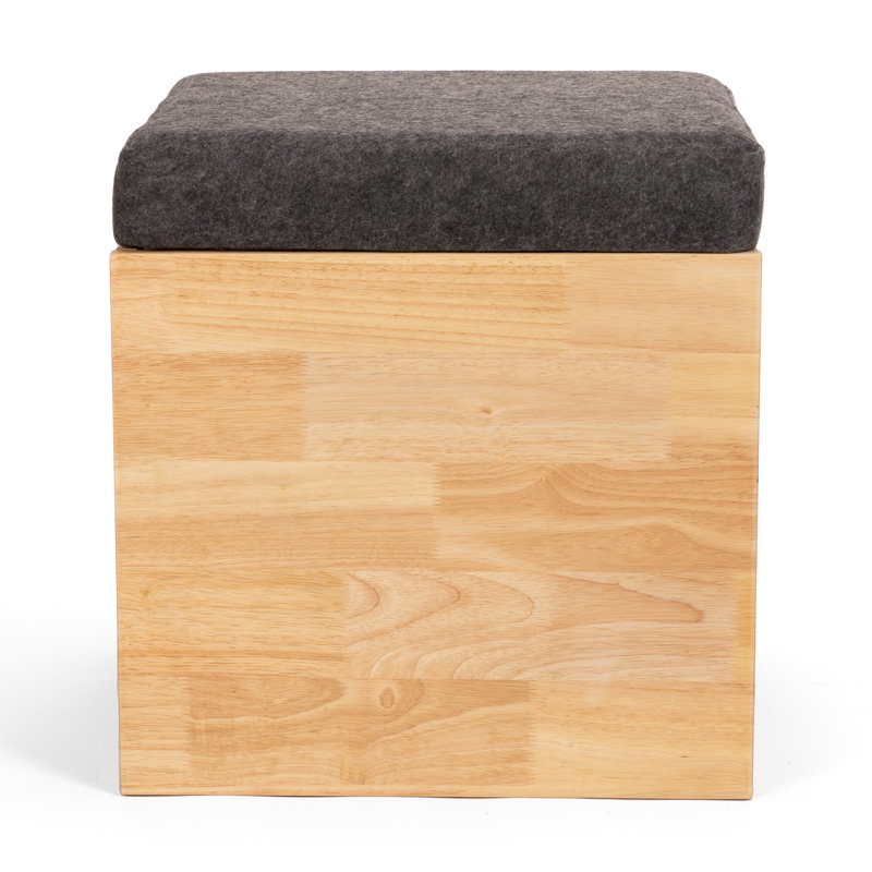 Zanesfield Storage Ottoman, Cube Stool, Solid Wood, Grey Cushion Lid
