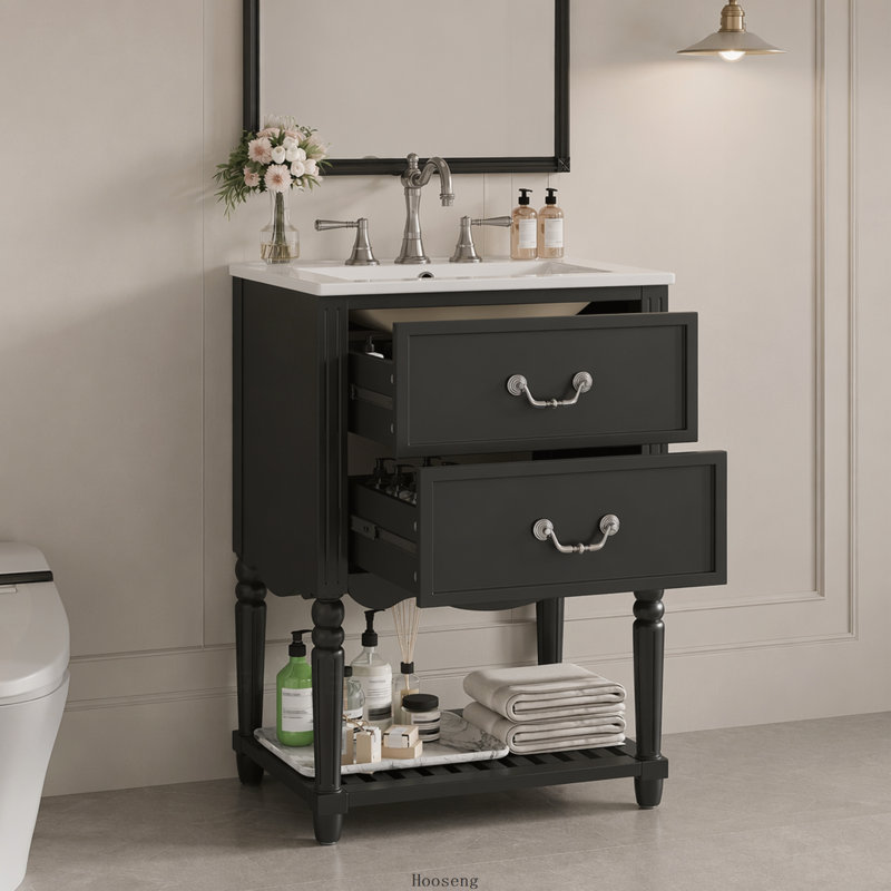 Meuble-lavabo de 24 po avec lavabo en céramique, armoire de salle de bain avec deux tiroirs à fermeture en douceur et une tablette ouverte