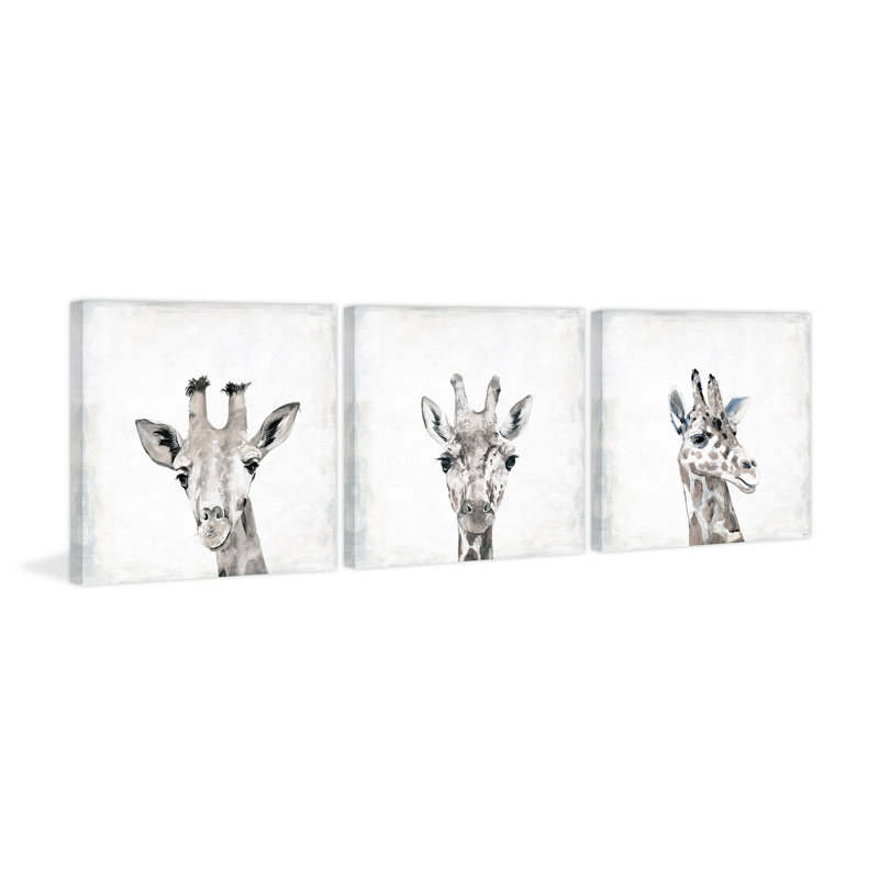 Giraffe Headshot Triptych - 3 Piece No Frame Painting Set on Canvas, 30cm H x 90cm W x 3.81cm D