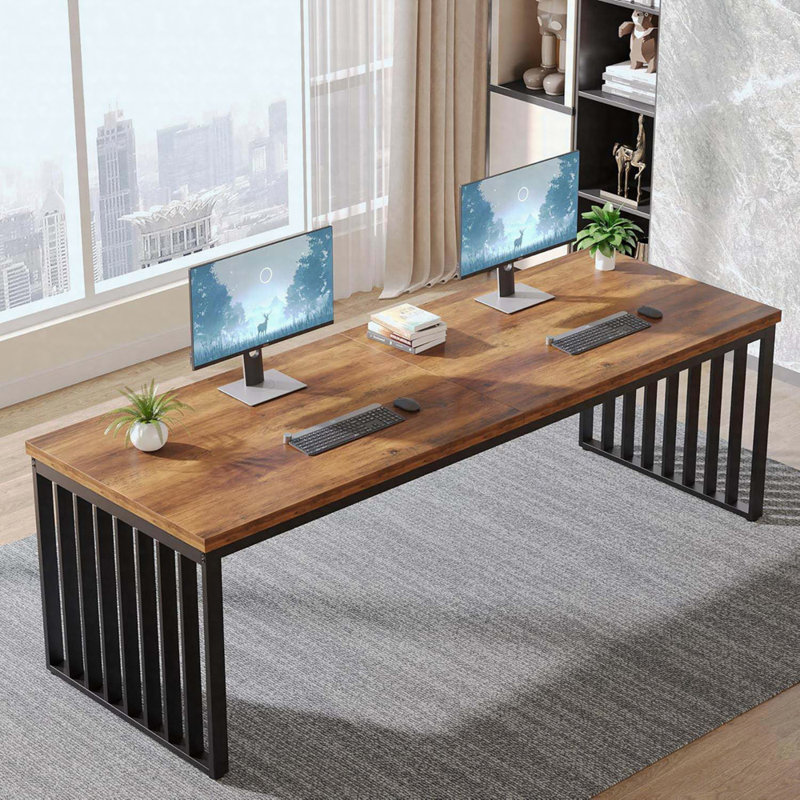 78.74" Double Computer Desk For 2 Person, Industrial Workstation With Heavy Duty Metal Frame, Brown
