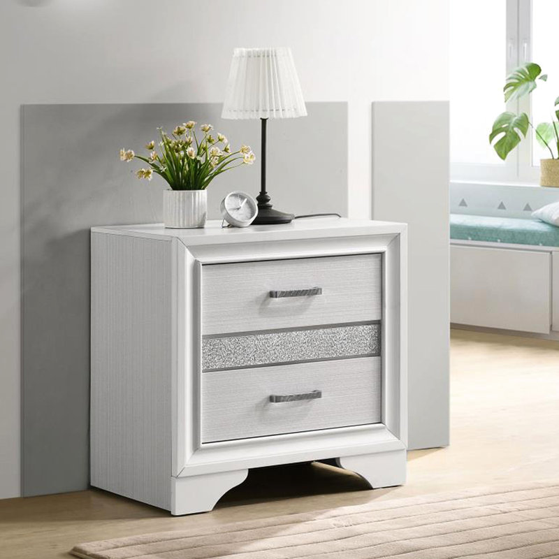 Table de chevet 2 tiroirs, blanc - poignées en strass rehaussant l'apparence, rayures scintillantes pour la chambre à coucher