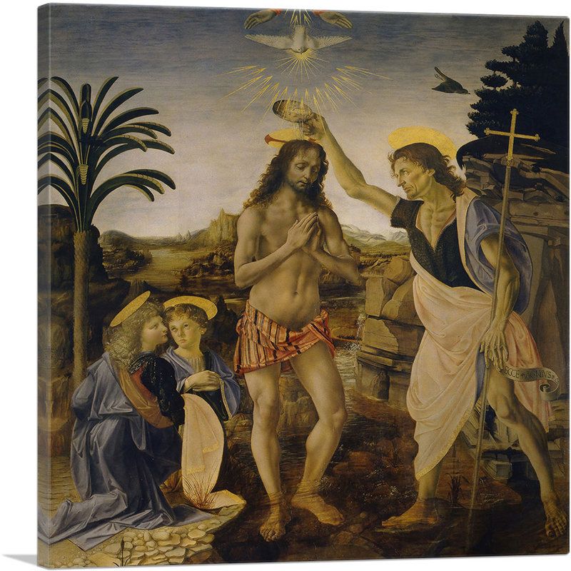 Le baptême du Christ, Andrea Del Verrocchio, 1475 - reproduction d'art, H 18 po x l 18 po x P 0,75 po