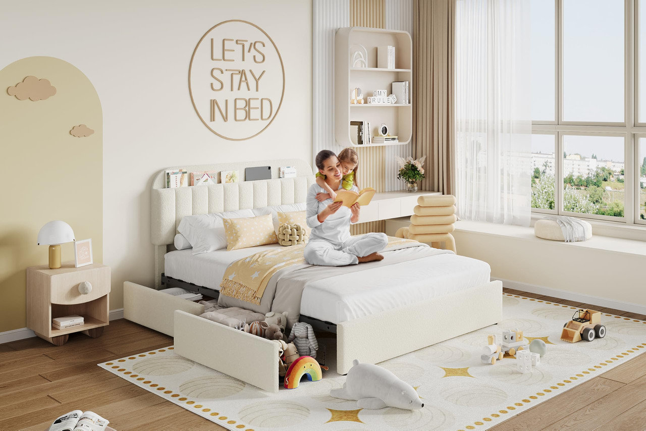 Ebern Designs Twin Upholstered Platform Bed with Bookcase Headboard, 2 ...