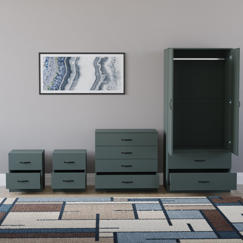 Tayce 4 Piece Bedroom Set (2 Drawer Bedside Chest X2, 4 Drawer Chest, 2 Door 2 Drawer Wardrobe), Green