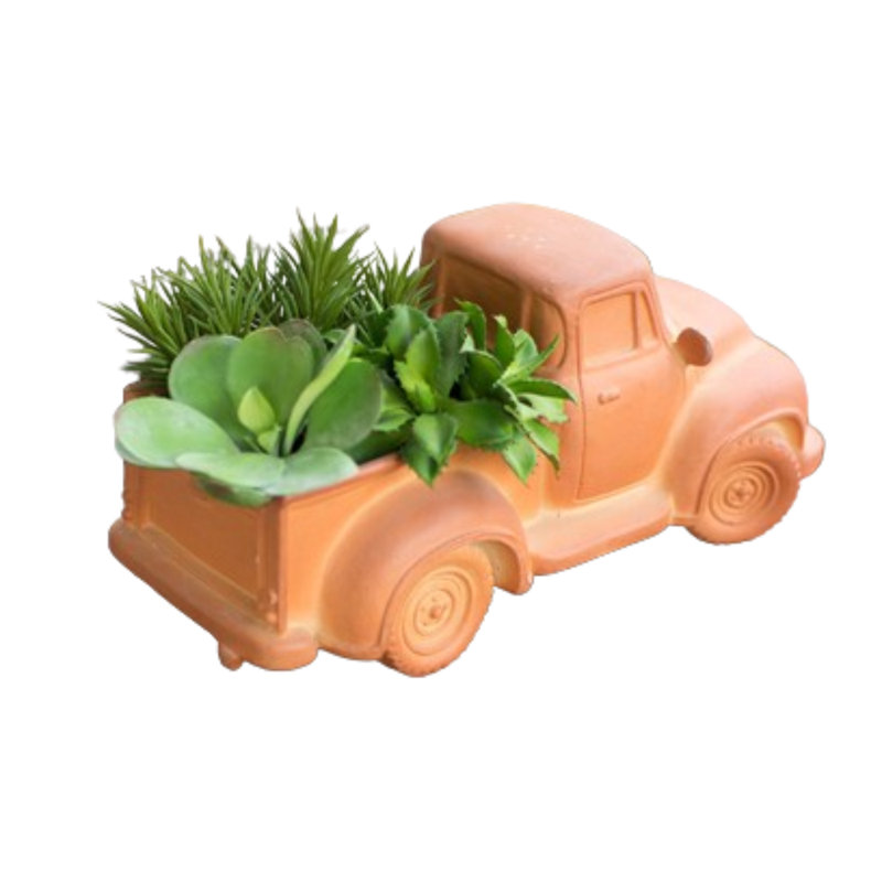  Terracotta Truck Planter 8"H, Handcrafted Orange Ceramic Vintage-Style Accent
