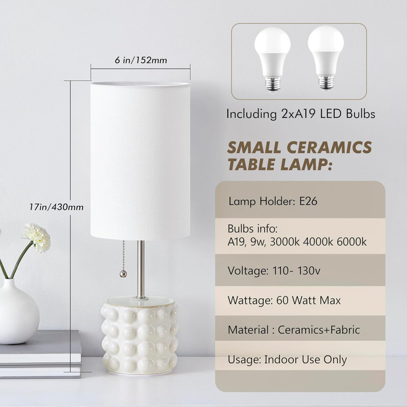 Petites lampes de table de chevet, lampes de table de chevet à chaînette moderne avec abat-jour en tissu, lampe de bureau blanche pour la chambre à coucher, le salon, la maison, le bureau, la lecture, 2 ampoules incluses