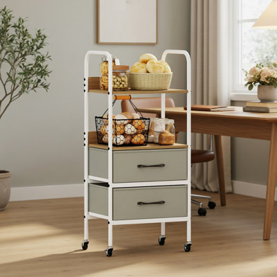  Chariot de rangement roulant avec 2 tablettes ouvertes et 2 tiroirs en tissu, aspect bois naturel, organisateur roulant moderne pour la cuisine, le bureau, la chambre à coucher, gris