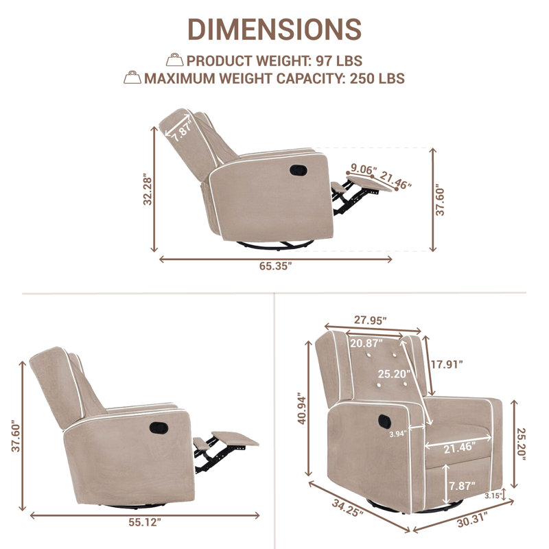 Fauteuil inclinable, oscillant et oscillant manuel 29 po Parkhur, pour chambre et salon, Microfibre / microsuède moka