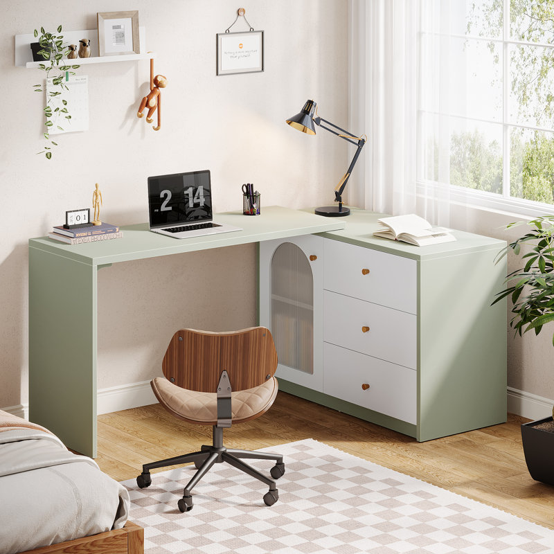  Rebacca L-Shaped Computer Desk, Corner Home Office Desk With Drawer Cabinet, Light Green