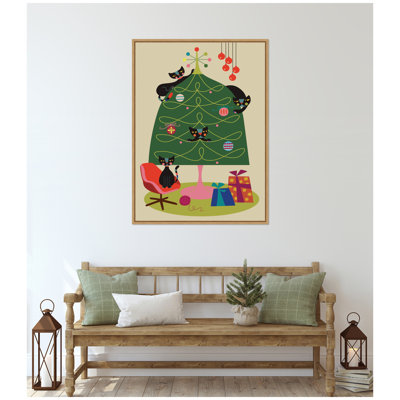 «Retro Cats And Christmas Tree» par Rachel Lee 3 Birdies Studio, reproduction d'art sur toile encadrée