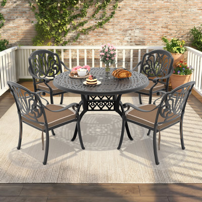 48.03" Round Patio Dining Table with Umbrella Hole & 4 Stackable Chairs with Brown Cushions, 5-Piece Set
