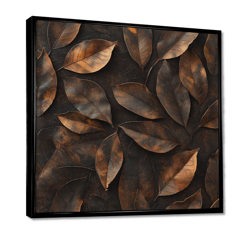 «Brown Sable Leaves I» - art mural feuilles, Impression encadrée flottante, H 36 po x l 36 po, Noir, noir, noir, noir