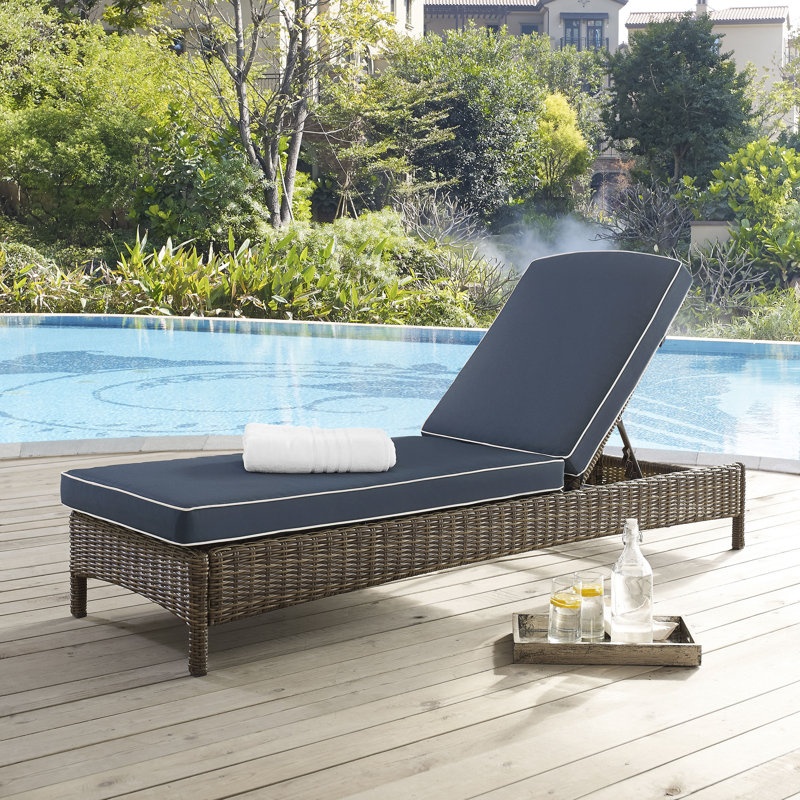 Leandra Outdoor Wicker Chaise Lounge , Cushion Included, Brown, Navy