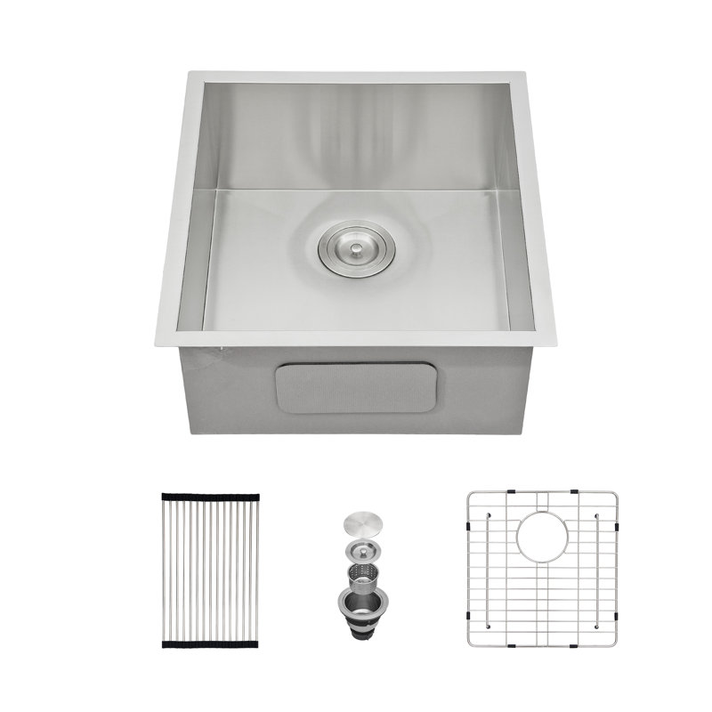 Single Bowl Stainless Steel Kitchen Sink, Brushed, 18, 9" H x 17" W x 15" L