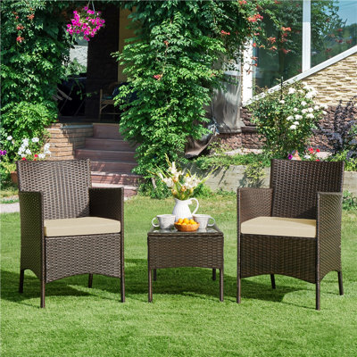 3-Piece Rattan Furniture Set with Tempered-glass Top Table and 2 Cushioned Chairs by Red Barrel Studio