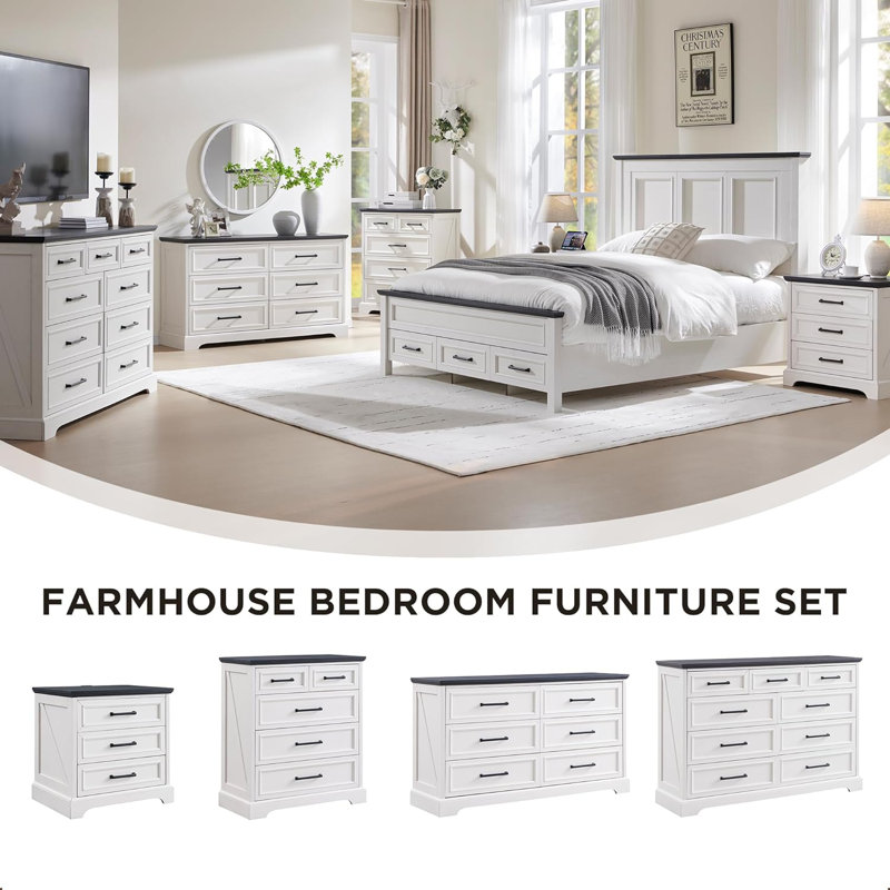White and Black Farmhouse 52" Dresser with Extra Deep Drawers