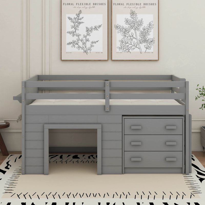 Lit mezzanine simple avec armoire et tablette, Grey