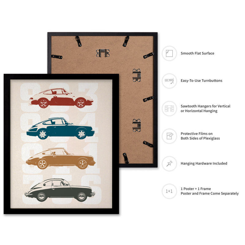 Silhouette de voitures classiques, 08"H x 10"W, Poster, Black Framed